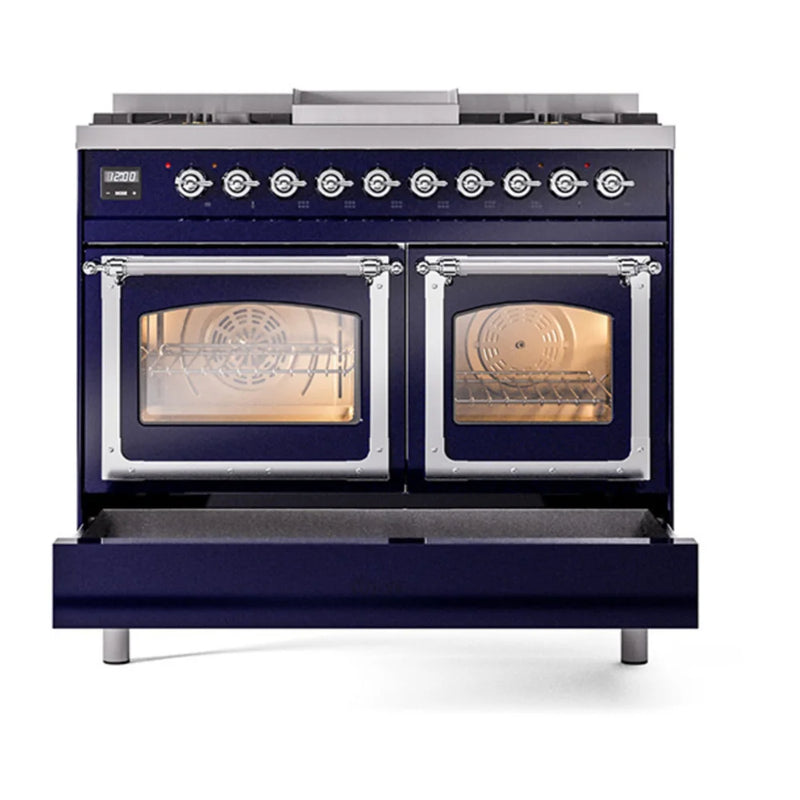 ILVE Nostalgie II Noblesse 40" Dual Fuel Freestanding Range in Midnight Blue with Chrome Trim, UND40FNMPMBCLP
