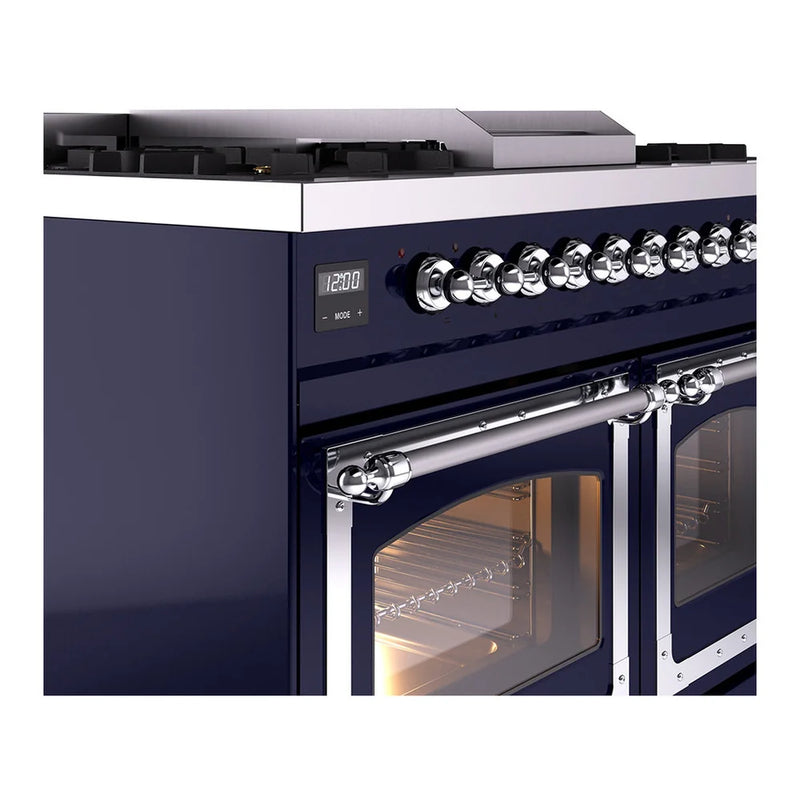 ILVE Nostalgie II Noblesse 40" Dual Fuel Freestanding Range in Midnight Blue with Chrome Trim, UND40FNMPMBCLP