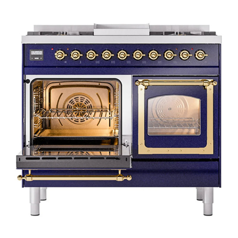 ILVE Nostalgie II Noblesse 40" Dual Fuel Freestanding Range in Midnight Blue with Brass Trim, UND40FNMPMBGLP