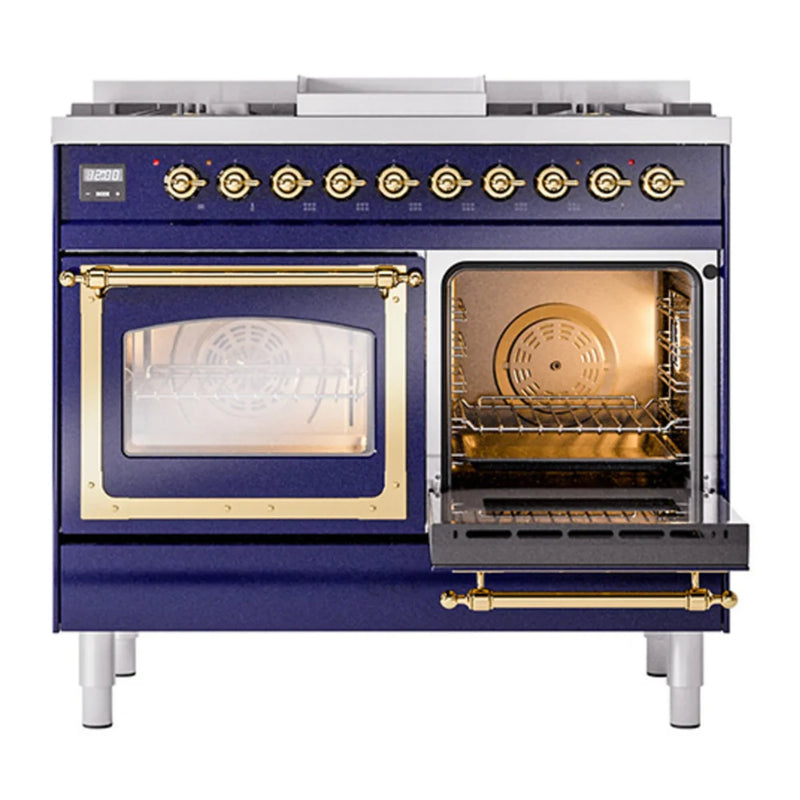 ILVE Nostalgie II Noblesse 40" Dual Fuel Freestanding Range in Midnight Blue with Brass Trim, UND40FNMPMBGLP