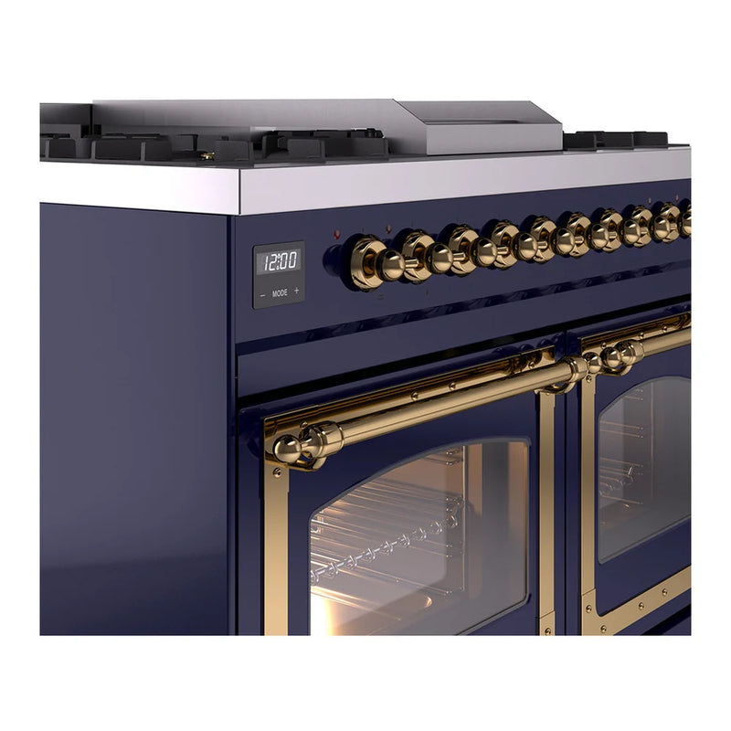ILVE Nostalgie II Noblesse 40" Dual Fuel Freestanding Range in Midnight Blue with Brass Trim, UND40FNMPMBGLP