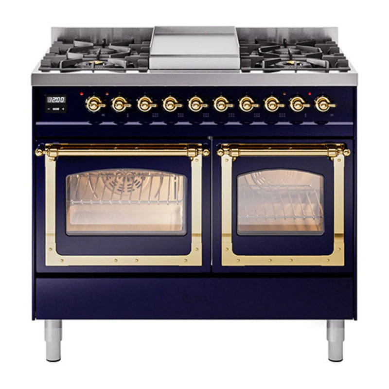 ILVE Nostalgie II Noblesse 40" Dual Fuel Freestanding Range in Midnight Blue with Brass Trim, UND40FNMPMBG
