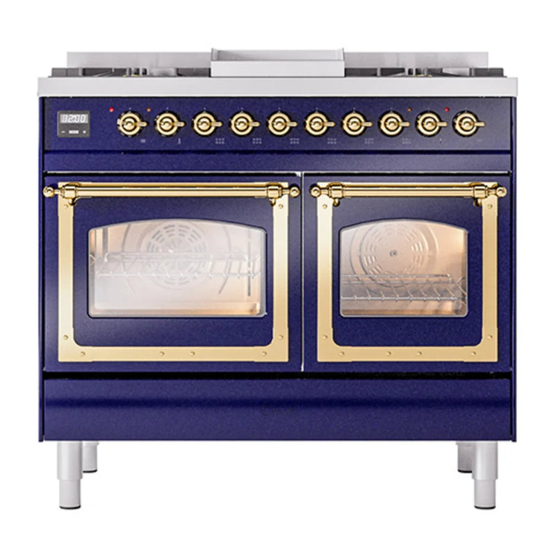 ILVE Nostalgie II Noblesse 40" Dual Fuel Freestanding Range in Midnight Blue with Brass Trim, UND40FNMPMBG