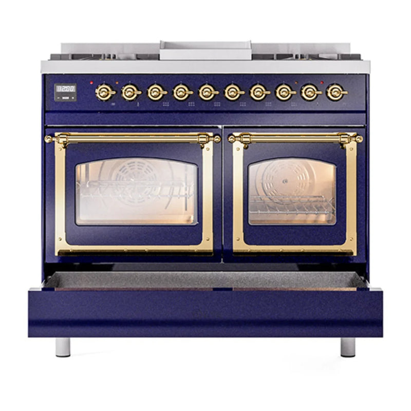 ILVE Nostalgie II Noblesse 40" Dual Fuel Freestanding Range in Midnight Blue with Brass Trim, UND40FNMPMBG