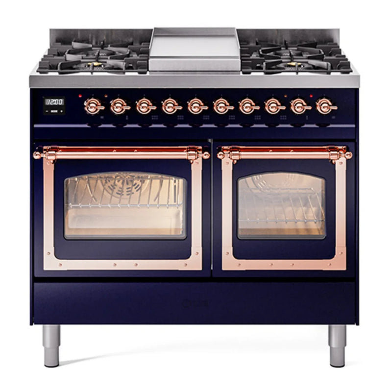 ILVE Nostalgie II Noblesse 40" Dual Fuel Freestanding Range in Midnight Blue with Copper Trim, UND40FNMPMBPLP