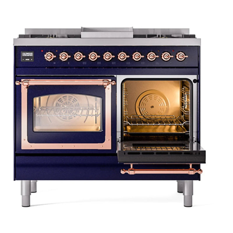 ILVE Nostalgie II Noblesse 40" Dual Fuel Freestanding Range in Midnight Blue with Copper Trim, UND40FNMPMBPLP
