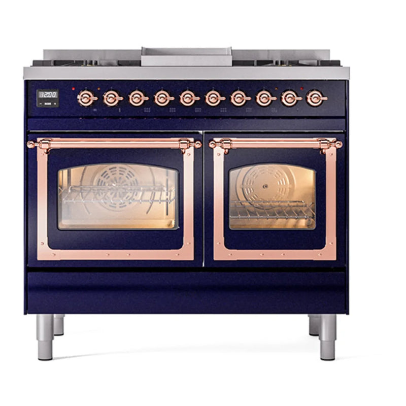 ILVE Nostalgie II Noblesse 40" Dual Fuel Freestanding Range in Midnight Blue with Copper Trim, UND40FNMPMBPLP
