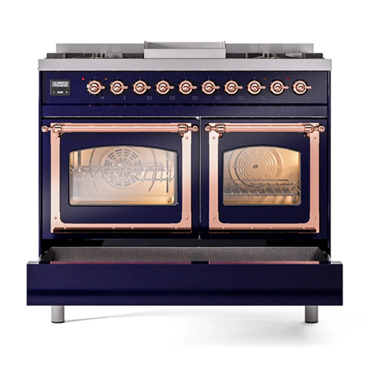 ILVE Nostalgie II Noblesse 40" Dual Fuel Freestanding Range in Midnight Blue with Copper Trim, UND40FNMPMBPLP