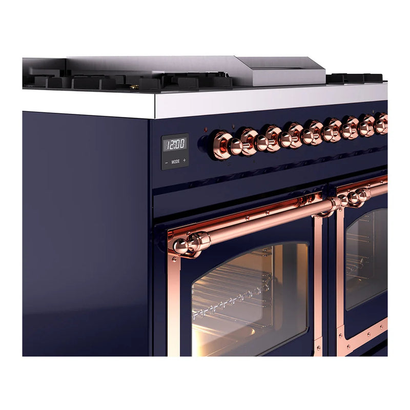 ILVE Nostalgie II Noblesse 40" Dual Fuel Freestanding Range in Midnight Blue with Copper Trim, UND40FNMPMBPLP
