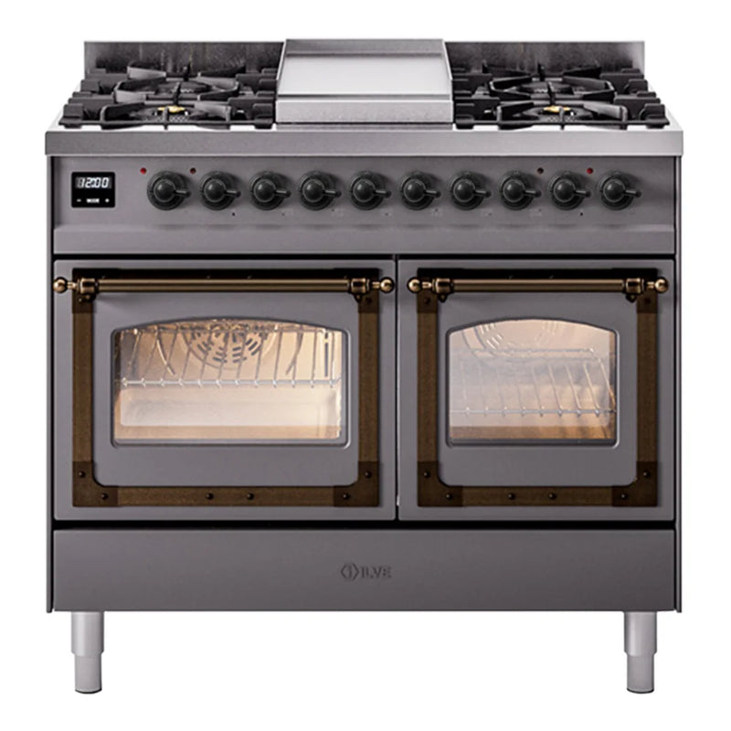ILVE Nostalgie II Noblesse 40" Dual Fuel Freestanding Range in Graphite Matte with Burnished Trim, UND40FNMPMGBLP