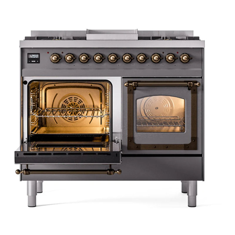 ILVE Nostalgie II Noblesse 40" Dual Fuel Freestanding Range in Graphite Matte with Burnished Trim, UND40FNMPMGBLP