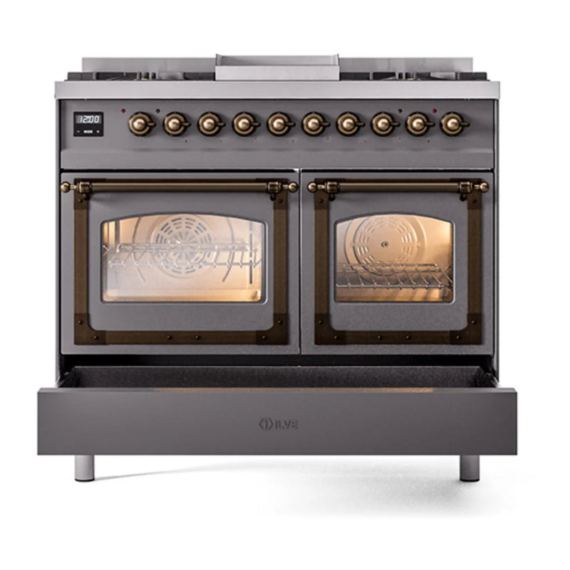ILVE Nostalgie II Noblesse 40" Dual Fuel Freestanding Range in Graphite Matte with Burnished Trim, UND40FNMPMGBLP