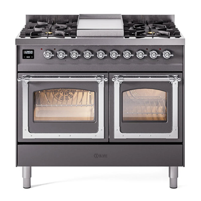 ILVE Nostalgie II Noblesse 40" Dual Fuel Freestanding Range in Graphite Matte with Chrome Trim, UND40FNMPMGCLP