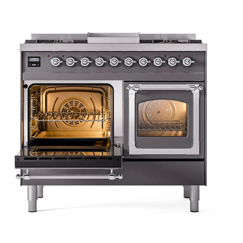 ILVE Nostalgie II Noblesse 40" Dual Fuel Freestanding Range in Graphite Matte with Chrome Trim, UND40FNMPMGCLP