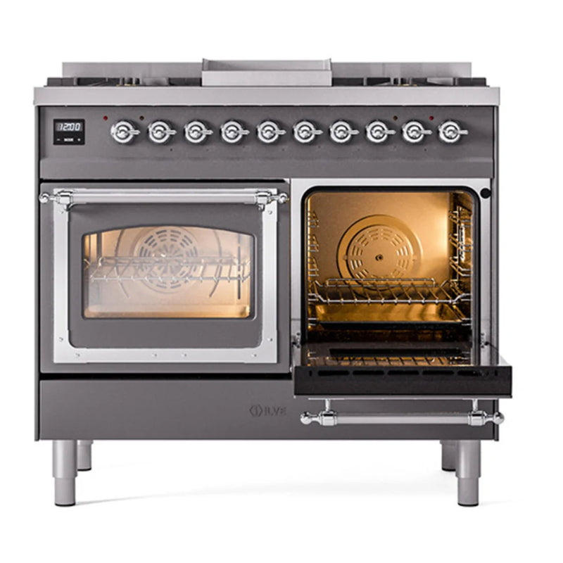 ILVE Nostalgie II Noblesse 40" Dual Fuel Freestanding Range in Graphite Matte with Chrome Trim, UND40FNMPMGCLP