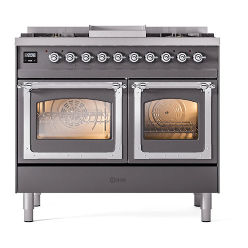 ILVE Nostalgie II Noblesse 40" Dual Fuel Freestanding Range in Graphite Matte with Chrome Trim, UND40FNMPMGCLP