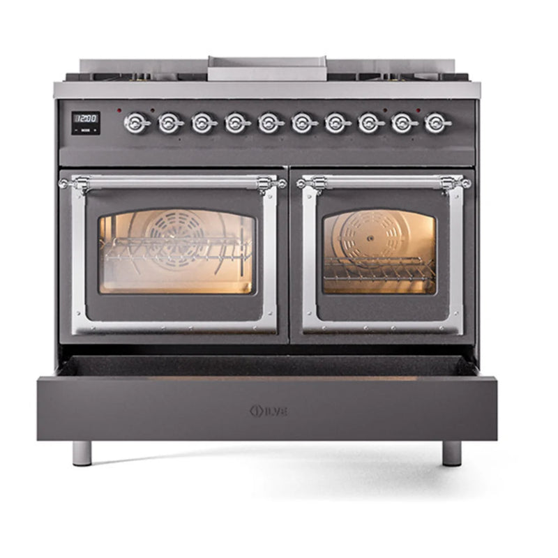 ILVE Nostalgie II Noblesse 40" Dual Fuel Freestanding Range in Graphite Matte with Chrome Trim, UND40FNMPMGCLP