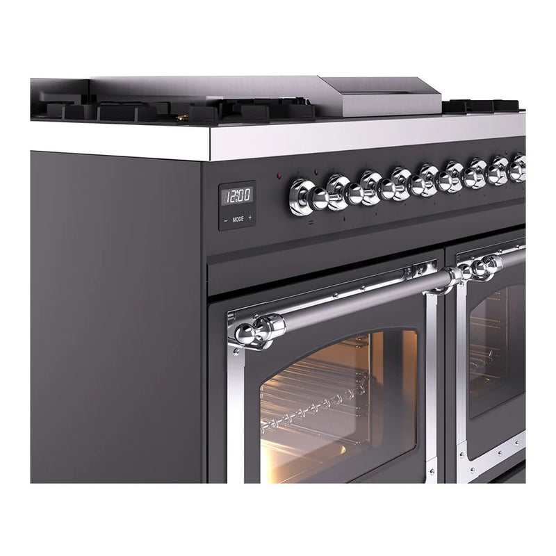 ILVE Nostalgie II Noblesse 40" Dual Fuel Freestanding Range in Graphite Matte with Chrome Trim, UND40FNMPMGCLP