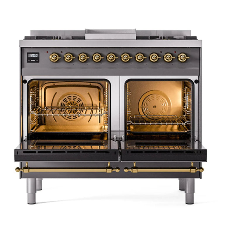 ILVE Nostalgie II Noblesse 40" Dual Fuel Freestanding Range in Graphite Matte with Brass Trim, UND40FNMPMGGLP