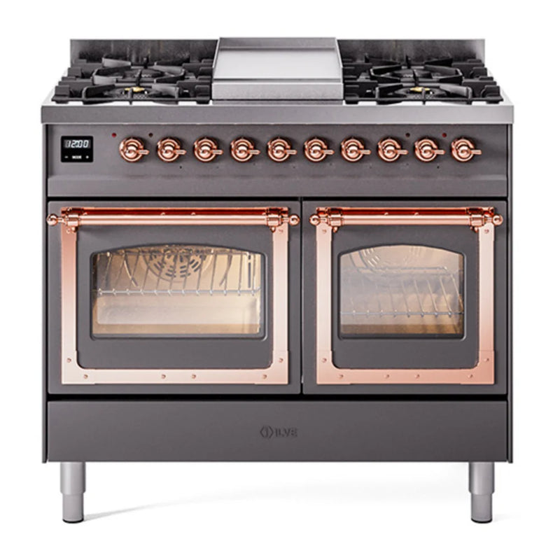 ILVE Nostalgie II Noblesse 40" Dual Fuel Freestanding Range in Graphite Matte with Copper Trim, UND40FNMPMGP
