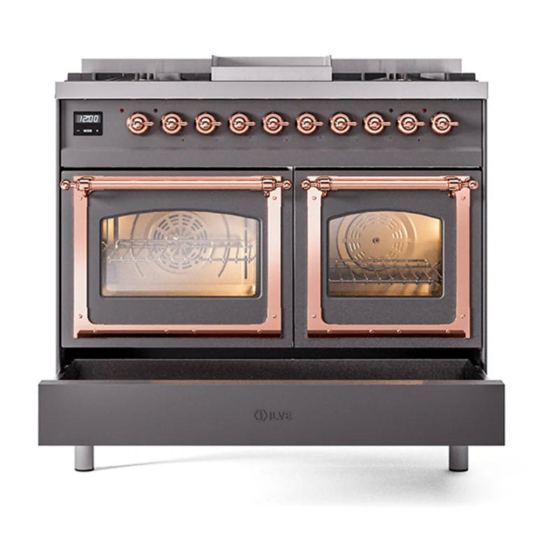 ILVE Nostalgie II Noblesse 40" Dual Fuel Freestanding Range in Graphite Matte with Copper Trim, UND40FNMPMGP