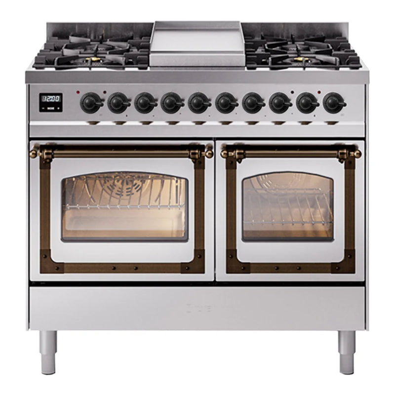 ILVE Nostalgie II Noblesse 40" Dual Fuel Freestanding Range in Stainless Steel with Burnished Trim, UND40FNMPSSB