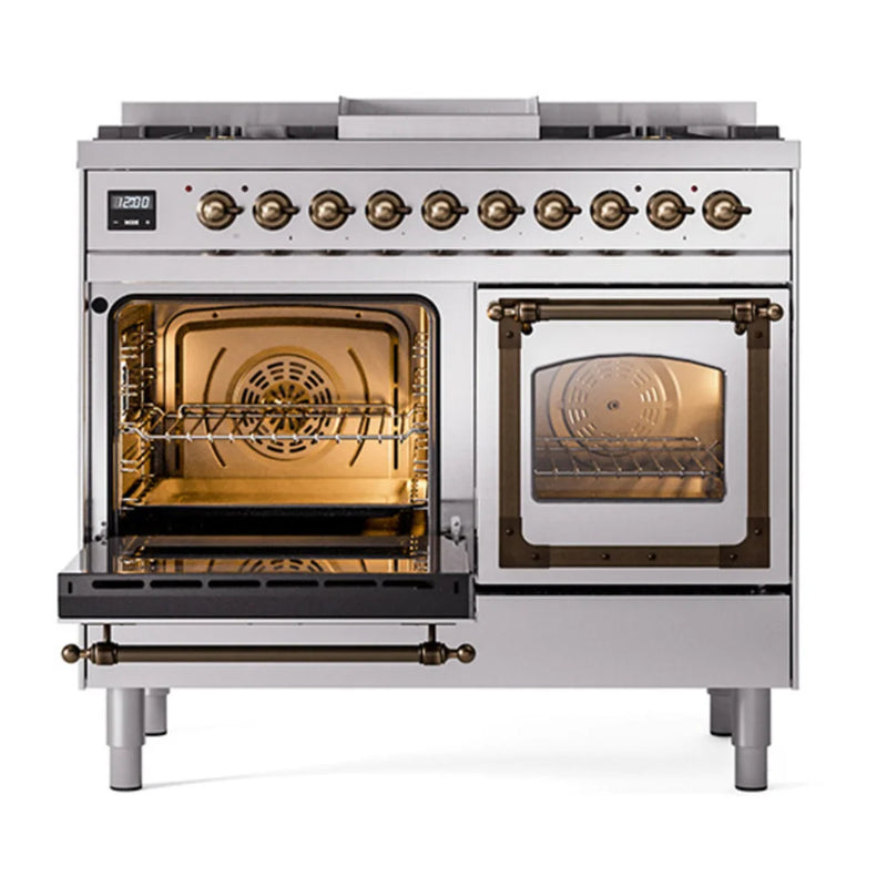 ILVE Nostalgie II Noblesse 40" Dual Fuel Freestanding Range in Stainless Steel with Burnished Trim, UND40FNMPSSB