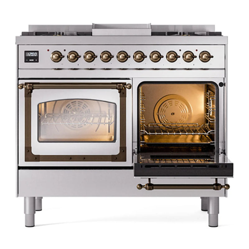 ILVE Nostalgie II Noblesse 40" Dual Fuel Freestanding Range in Stainless Steel with Burnished Trim, UND40FNMPSSB