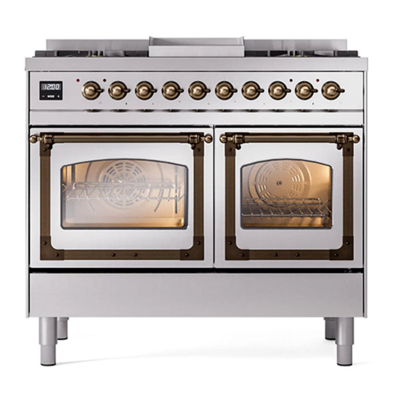 ILVE Nostalgie II Noblesse 40" Dual Fuel Freestanding Range in Stainless Steel with Burnished Trim, UND40FNMPSSB