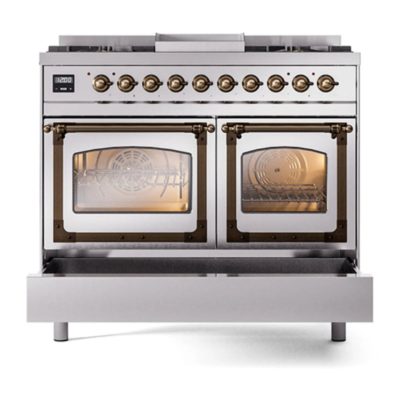 ILVE Nostalgie II Noblesse 40" Dual Fuel Freestanding Range in Stainless Steel with Burnished Trim, UND40FNMPSSB