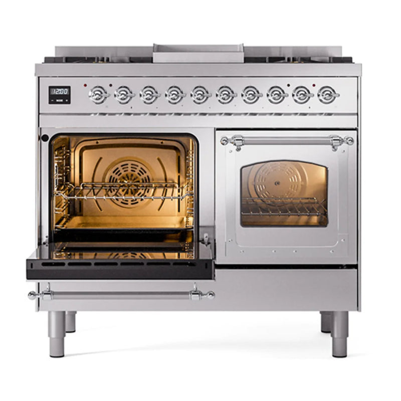 ILVE Nostalgie II Noblesse 40" Dual Fuel Freestanding Range in Stainless Steel with Chrome Trim, UND40FNMPSSCLP