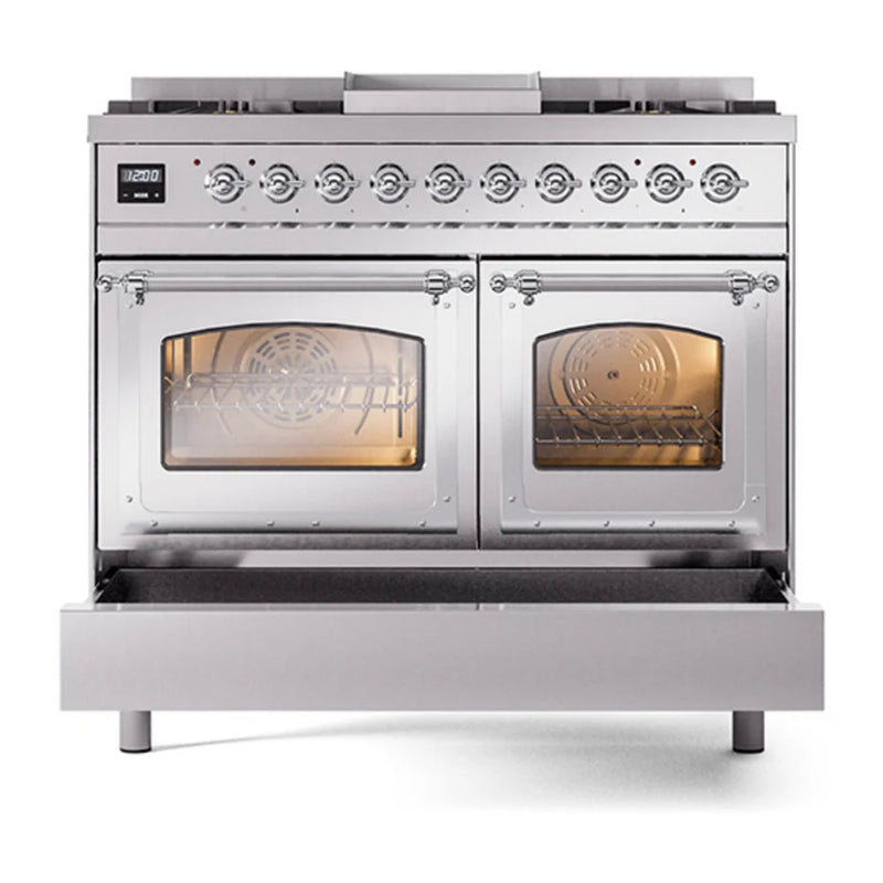 ILVE Nostalgie II Noblesse 40" Dual Fuel Freestanding Range in Stainless Steel with Chrome Trim, UND40FNMPSSCLP