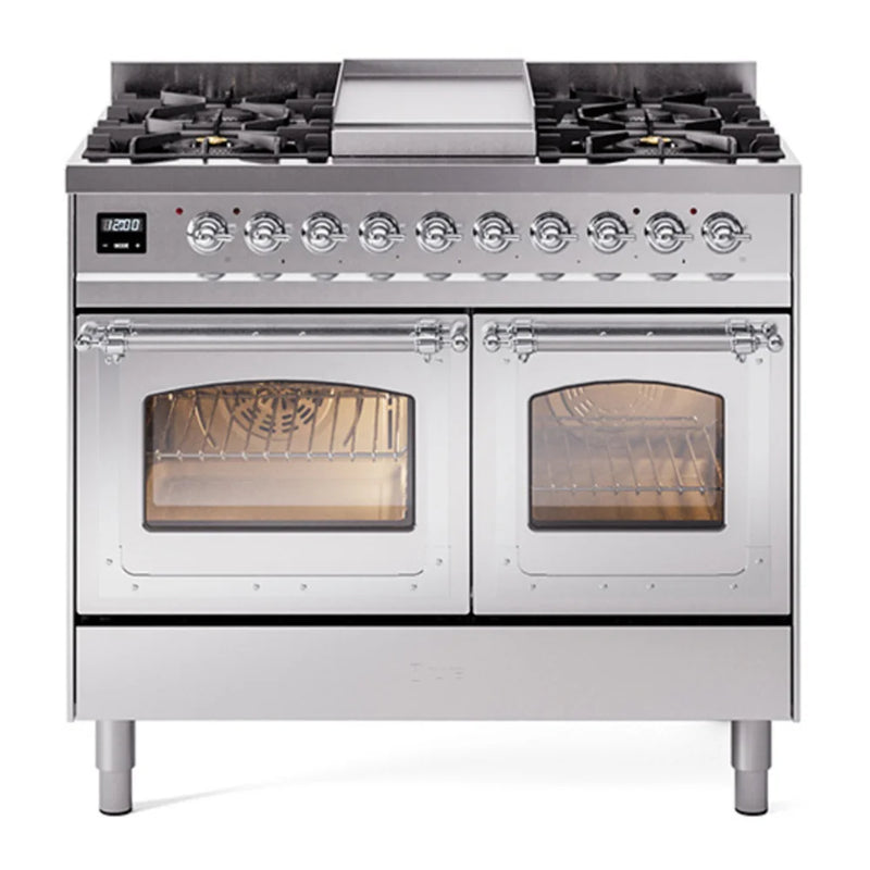 ILVE Nostalgie II Noblesse 40" Dual Fuel Freestanding Range in Stainless Steel with Chrome Trim, UND40FNMPSSC