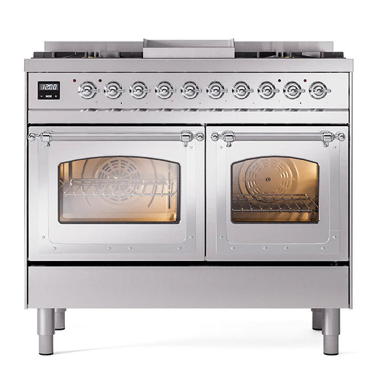 ILVE Nostalgie II Noblesse 40" Dual Fuel Freestanding Range in Stainless Steel with Chrome Trim, UND40FNMPSSC