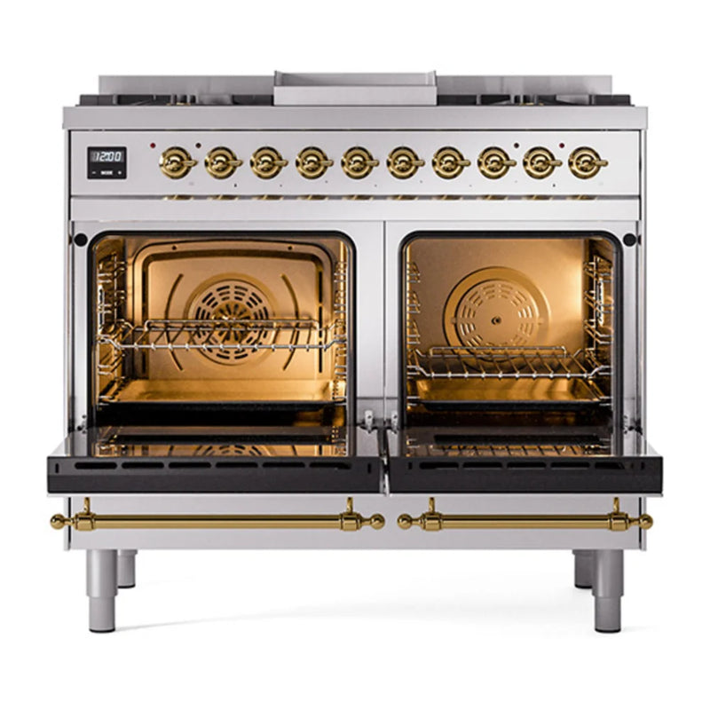 ILVE Nostalgie II Noblesse 40" Dual Fuel Freestanding Range in Stainless Steel with Brass Trim, UND40FNMPSSGLP