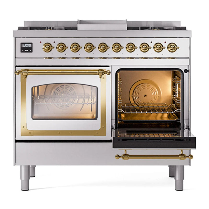 ILVE Nostalgie II Noblesse 40" Dual Fuel Freestanding Range in Stainless Steel with Brass Trim, UND40FNMPSSGLP
