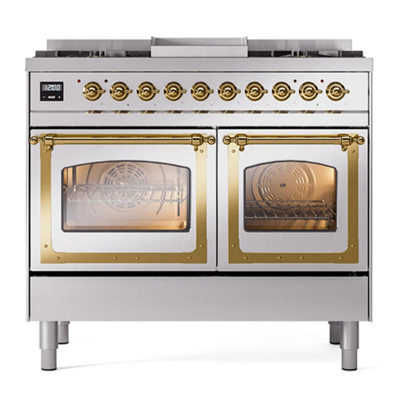 ILVE Nostalgie II Noblesse 40" Dual Fuel Freestanding Range in Stainless Steel with Brass Trim, UND40FNMPSSGLP