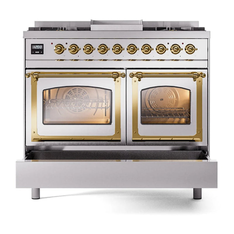 ILVE Nostalgie II Noblesse 40" Dual Fuel Freestanding Range in Stainless Steel with Brass Trim, UND40FNMPSSGLP