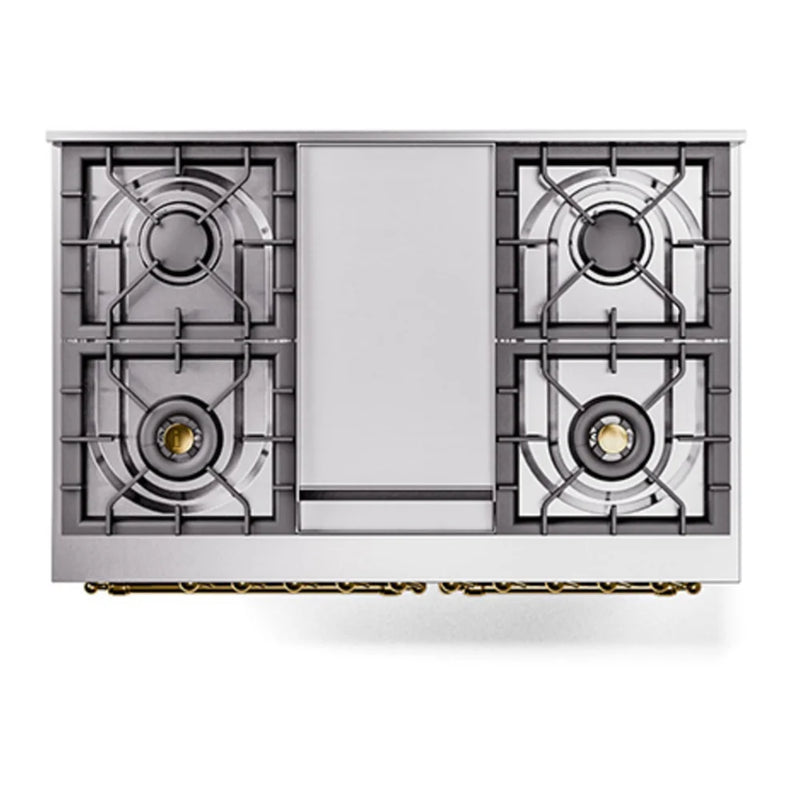 ILVE Nostalgie II Noblesse 40" Dual Fuel Freestanding Range in Stainless Steel with Brass Trim, UND40FNMPSSGLP