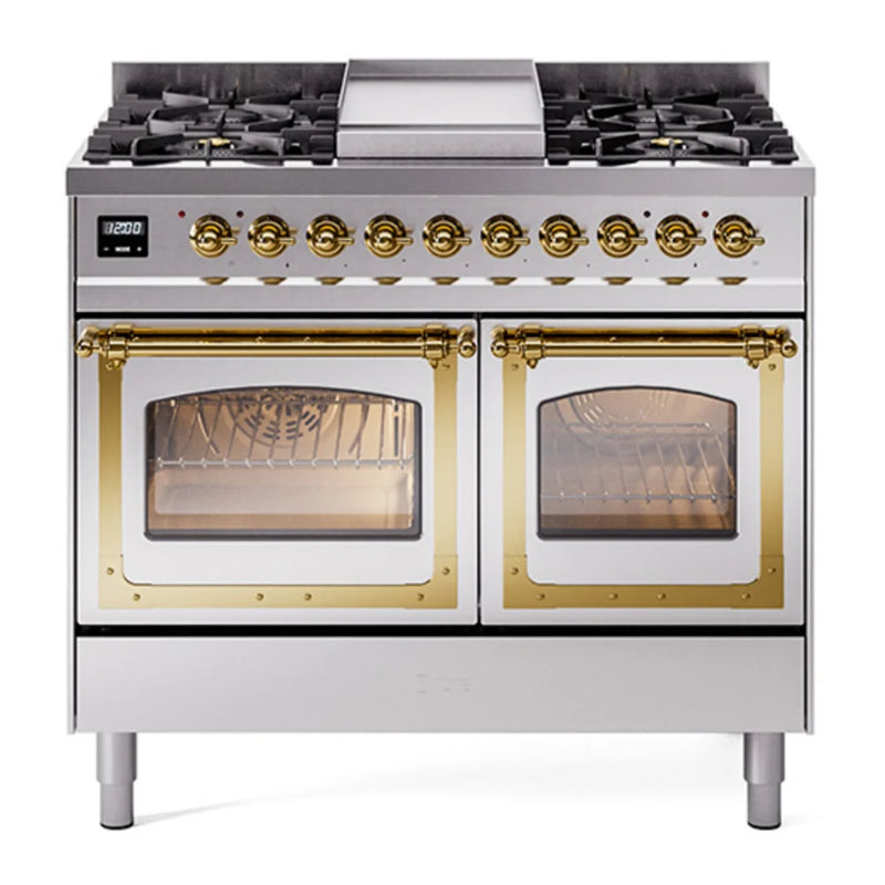 ILVE Nostalgie II Noblesse 40" Dual Fuel Freestanding Range in Stainless Steel with Brass Trim, UND40FNMPSSG
