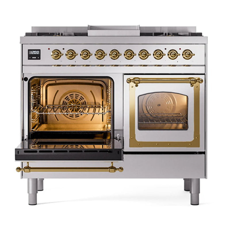 ILVE Nostalgie II Noblesse 40" Dual Fuel Freestanding Range in Stainless Steel with Brass Trim, UND40FNMPSSG