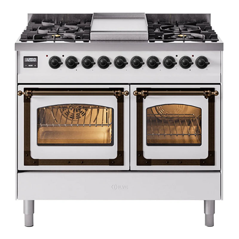 ILVE Nostalgie II Noblesse 40" Dual Fuel Freestanding Range in White with Burnished Trim, UND40FNMPWHBLP