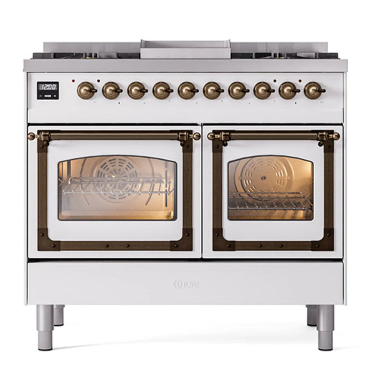 ILVE Nostalgie II Noblesse 40" Dual Fuel Freestanding Range in White with Burnished Trim, UND40FNMPWHBLP