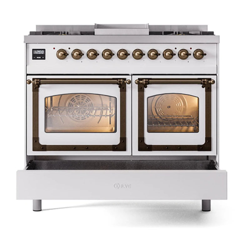 ILVE Nostalgie II Noblesse 40" Dual Fuel Freestanding Range in White with Burnished Trim, UND40FNMPWHBLP