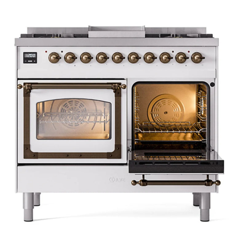 ILVE Nostalgie II Noblesse 40" Dual Fuel Freestanding Range in White with Burnished Trim, UND40FNMPWHB
