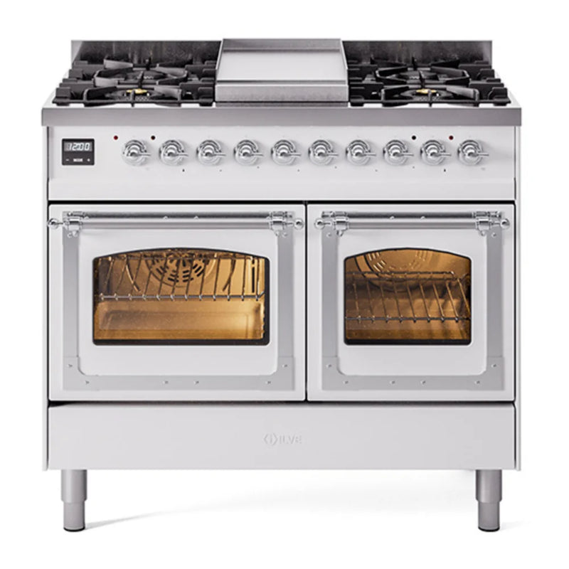 ILVE Nostalgie II Noblesse 40" Dual Fuel Freestanding Range in White with Chrome Trim, UND40FNMPWHCLP