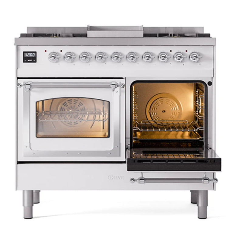 ILVE Nostalgie II Noblesse 40" Dual Fuel Freestanding Range in White with Chrome Trim, UND40FNMPWHCLP