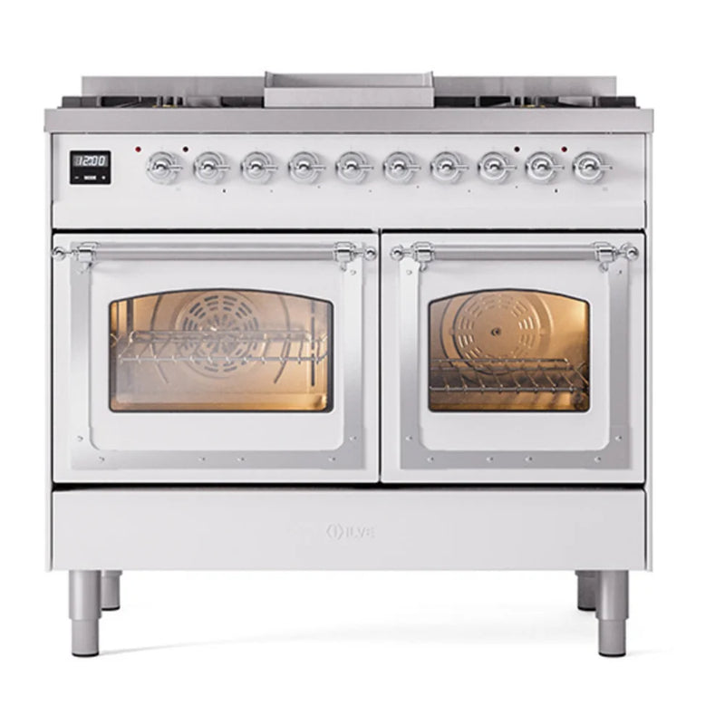 ILVE Nostalgie II Noblesse 40" Dual Fuel Freestanding Range in White with Chrome Trim, UND40FNMPWHCLP