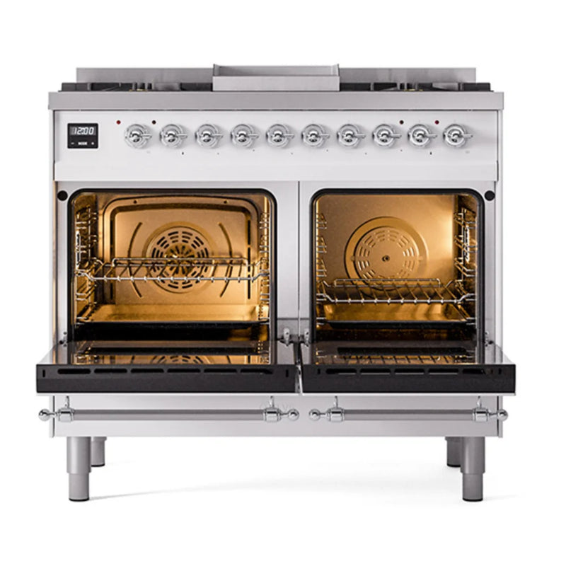ILVE Nostalgie II Noblesse 40" Dual Fuel Freestanding Range in White with Chrome Trim, UND40FNMPWHC