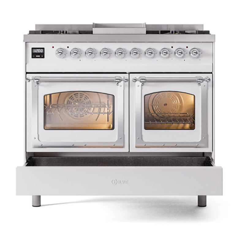 ILVE Nostalgie II Noblesse 40" Dual Fuel Freestanding Range in White with Chrome Trim, UND40FNMPWHC